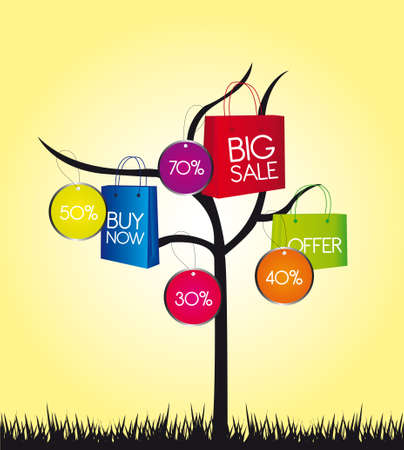 colors shopping bags with tree over yellow background.のイラスト素材
