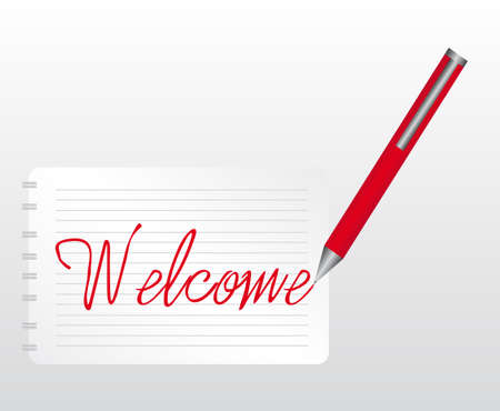 welcome text over notebook with red pen over gray and white background. vectorのイラスト素材