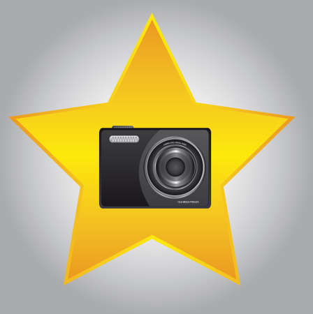 black camera over gold star over gray background. vectorのイラスト素材