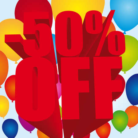 red -50 percent off text over colorful balloons background. vectorのイラスト素材