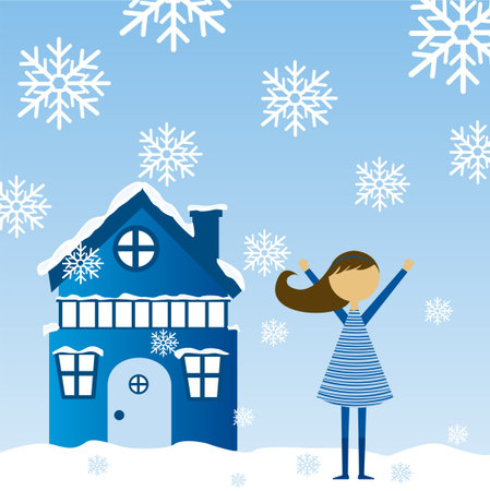 winter landscape with child girl and house background. vectorのイラスト素材