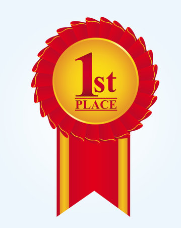 red and gold rosette with first place text over blue background. vectorのイラスト素材