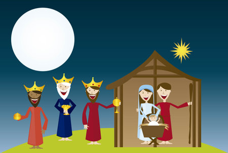 manger with magi over ladscape night. vector