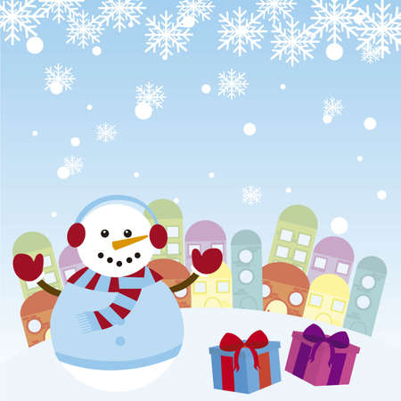 snowman with gifts over winter landscape. vectorのイラスト素材