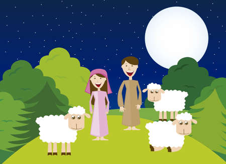 Shepherds with sheeps over night landscape. vectorのイラスト素材