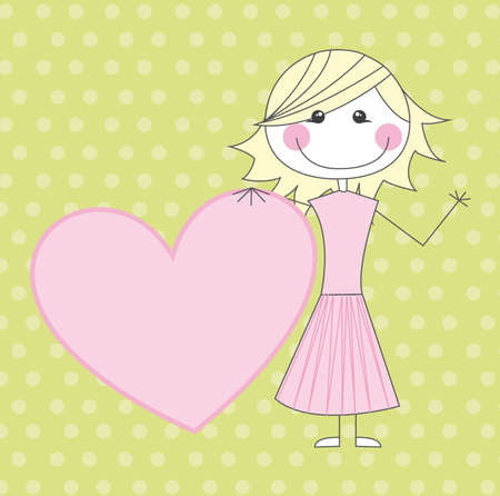 cute girl with pink dress over green background. vectorのイラスト素材