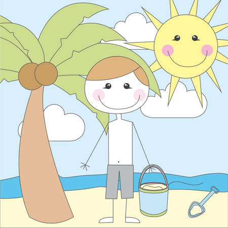 boy cartoon over summer landscape. vector illustrationのイラスト素材