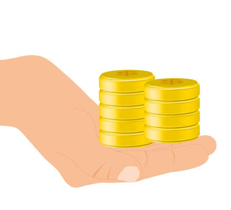 hand with gold coins over white background. vector illustrationのイラスト素材