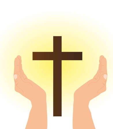hand and cross with yellow light. vector illustrationのイラスト素材