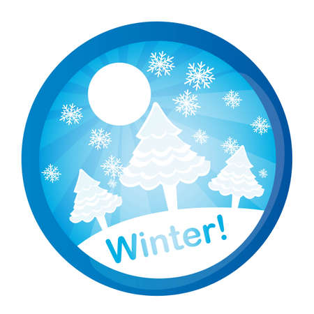 three trees over winter landscape, circle tag. vector illustrationのイラスト素材