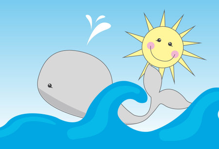 cue gray whale over sea  with sun vector illustrationのイラスト素材