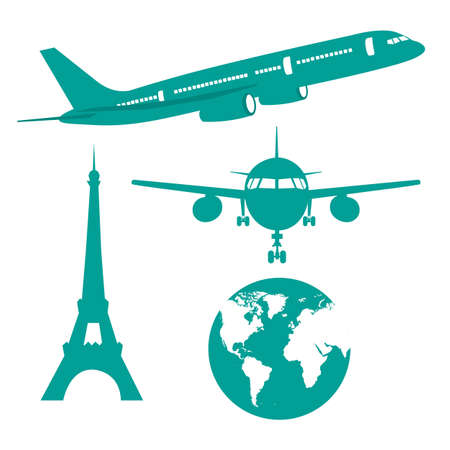 silhouette plane, earth and eiffel tower isolated vector のイラスト素材