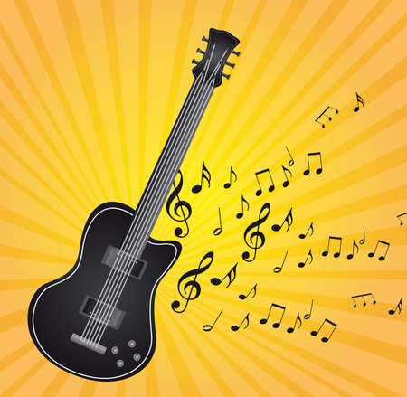 black guitar with music notes over yellow background vectorのイラスト素材