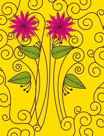 Flowers on yellow background with ornaments, vector illustrationのイラスト素材