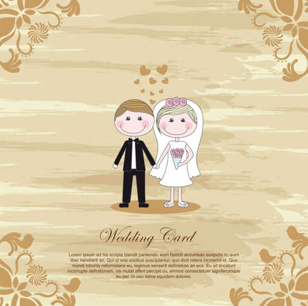 Wedding vintage card, cartoon couple with space to insert message, vector illustrationのイラスト素材