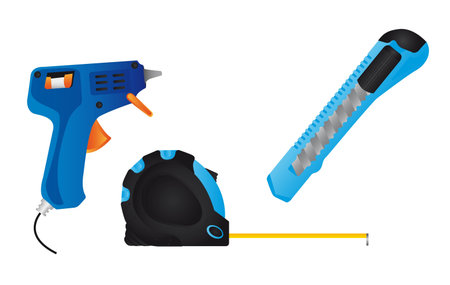 glue gun, blue cutter and meter isolated over white background