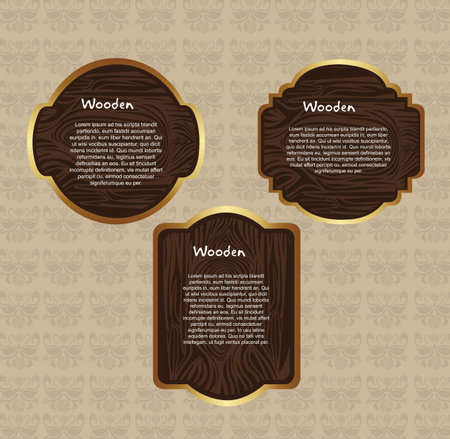 wooden texture labels over beige ornament background. のイラスト素材