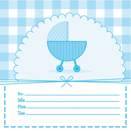 blue baby shower card with pram. illustrationのイラスト素材