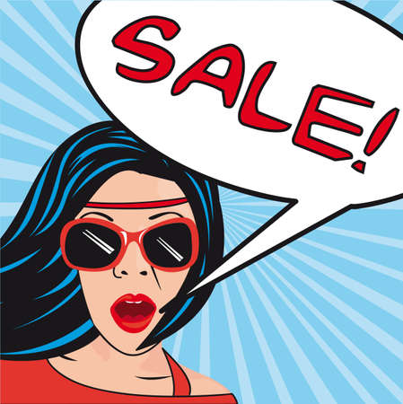 pop art women  with thought bubbles sale.illustrationのイラスト素材