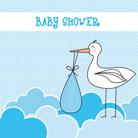 blue baby shower card with stork and clouds illustrationのイラスト素材