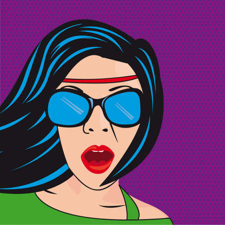 pop art woman with sunglasses over purple background. のイラスト素材