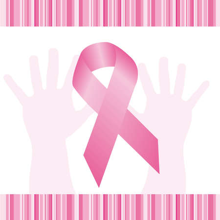 pink awareness ribbons over hands and stripes. のイラスト素材