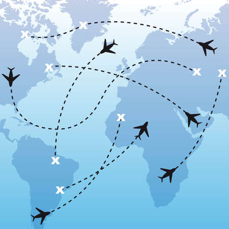 silhouette airplanes over map over blue background. のイラスト素材