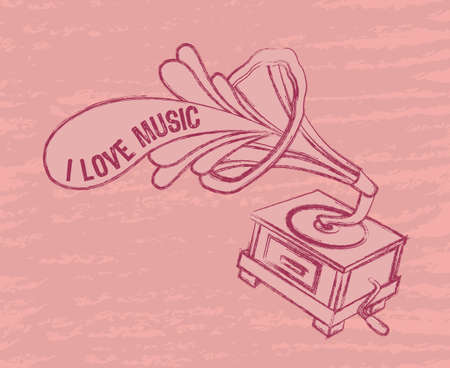 pink grunge gramophone, i love music. vector illustrationのイラスト素材