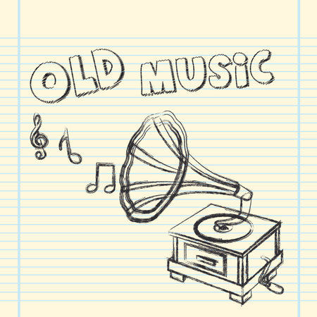 grunge gramophone drawing over notebook. vector illustrationのイラスト素材
