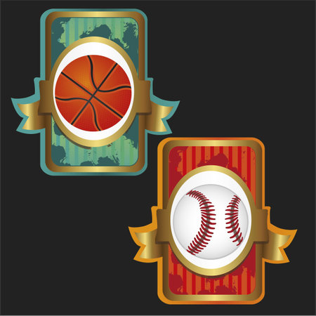 sports labels decorated with balloons and colored stripes のイラスト素材