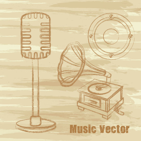 old microphone, gramophone and speaker, grunge.のイラスト素材