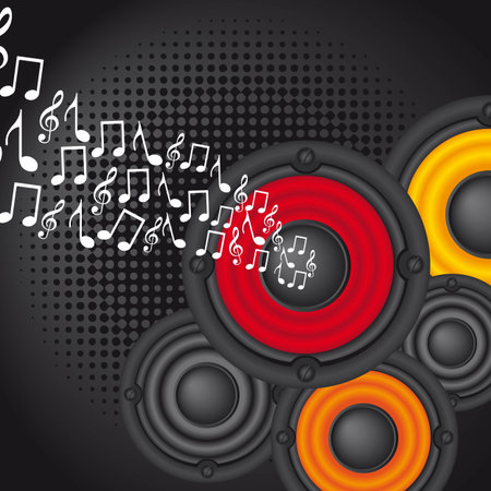 speakers with music notes over black background. のイラスト素材