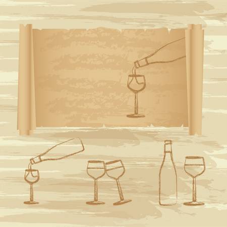 grunge wine bottle and cups background.のイラスト素材