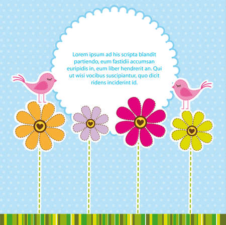 cute flowers with birds over blue background. vectorのイラスト素材