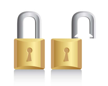 gold padlock open and closed with shadow. vector illustrationのイラスト素材