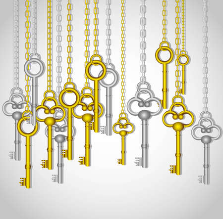 old keys hanging from gold and silver link chainのイラスト素材