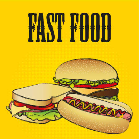 fast food combo with a hamburger,  a hot dog and a sandwichのイラスト素材