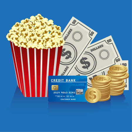 popcorn with coins, bills and credit cardのイラスト素材