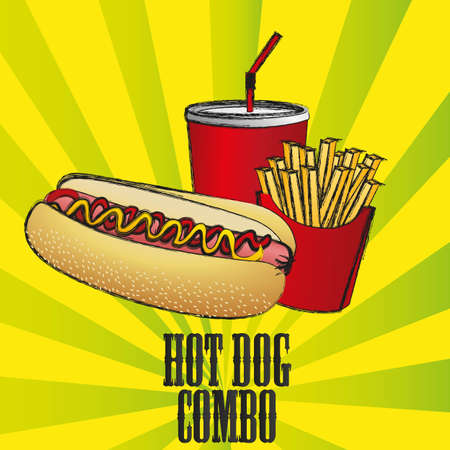 fast food combo with a hot dog, french fries and sodaのイラスト素材