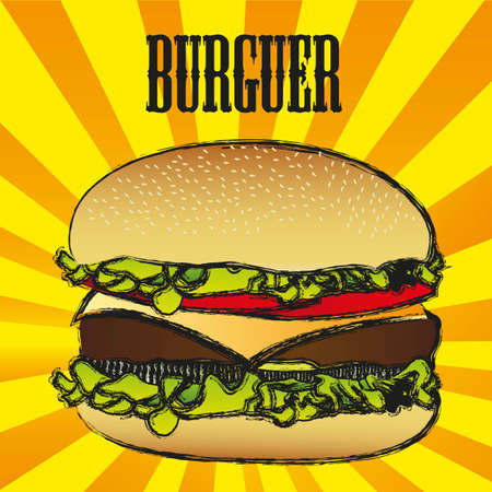 illustration of a hamburger with a grunge edge, on a background of linesのイラスト素材