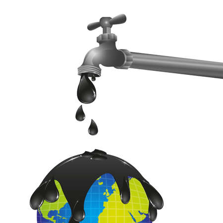 conceptual design of a faucet dripping oil on the planet earth のイラスト素材
