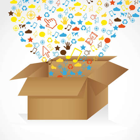 The box of telecommunications. Telecommunications icons out of a cardboard boxのイラスト素材