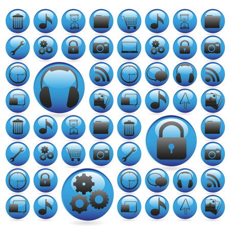 gel buttons in blue, outlined with white icons, vector illustrationのイラスト素材