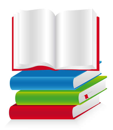 books piled one upon another, and one open.のイラスト素材