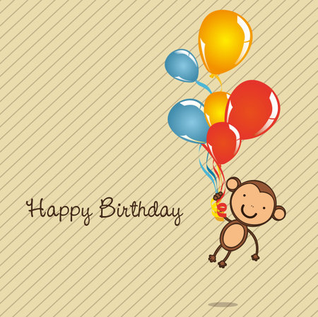 monkey birthday card with balloons, vector illustrationのイラスト素材