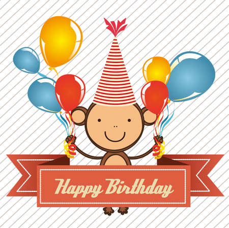 vintage birthday card with monkey and balloons,  illustrationのイラスト素材