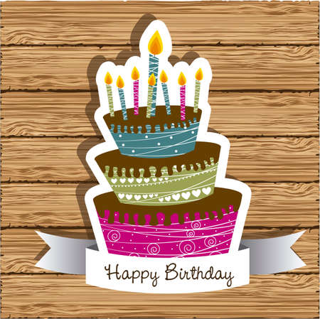 birthday card with colored cake on wood background,  vector illustrationのイラスト素材