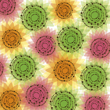 background of colored floers, with circles and dotted lines illustrationのイラスト素材