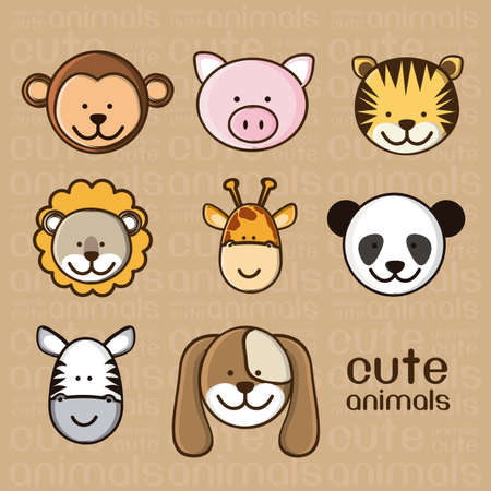 Illustration of a cute pig, monkey, tiger, lion, giraffe, panda, zebra and dog,  illustrationのイラスト素材