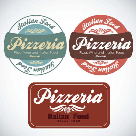 vintage pizzeria label illustrations, in warm colors, vector illustrationのイラスト素材